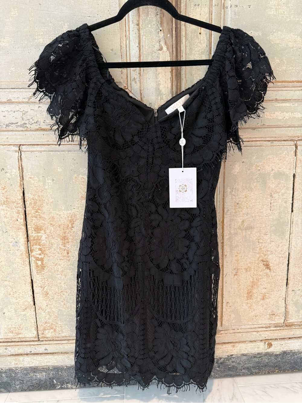 Wayf Black Lace Mini Dress with Flutter Sleeves size S